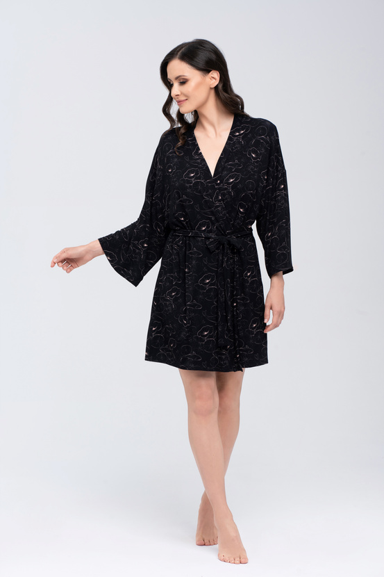 KOI - bathrobe in black and a delicate floral motif