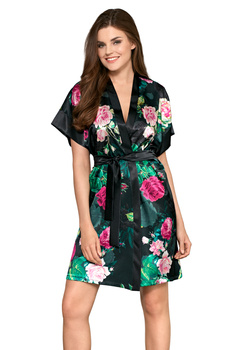 ROSE - satynowy szlafrok z ciemnym motywem kwiatowym
